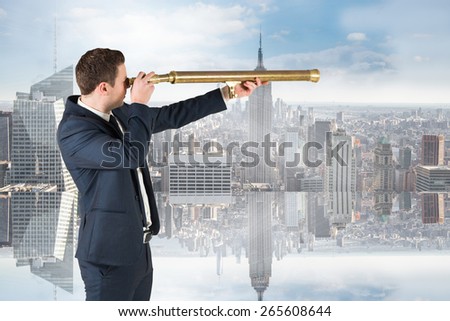 Businessman looking through telescope against room with large window looking on city