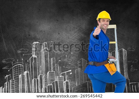 Repairman gesturing thumbs up while climbing step ladder against hand drawn city plan