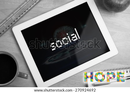 The word social and autism message of hope against medical interface in black and blue