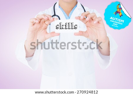 The word skills and doctor holding card against purple vignette