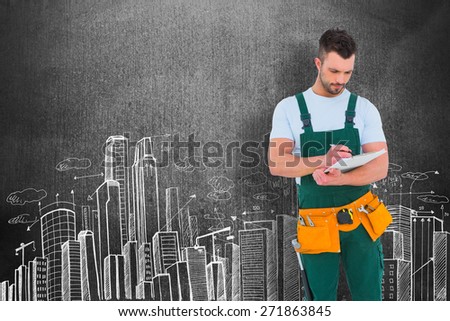 Repairman writing on a clipboard against hand drawn city plan