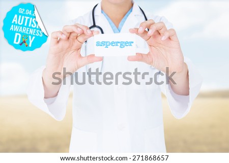 The word asperger and doctor holding card against bright brown landscape
