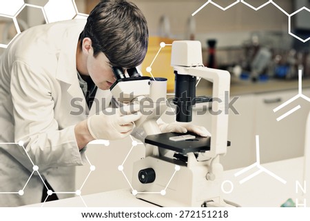 Science and medical graphic against science student looking in a microscope
