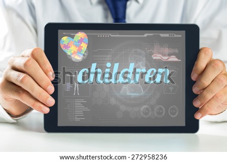 The word children and autism awareness heart against medical biology interface in black