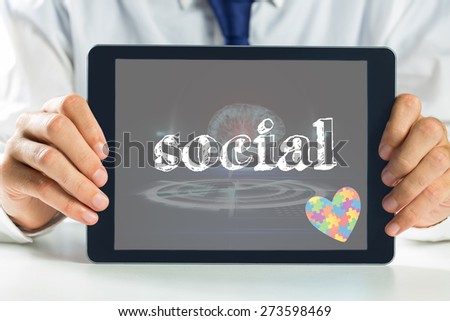 The word social and autism awareness heart against medical interface in black and blue