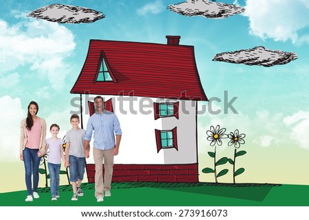 Portrait of happy family walking over white background against blue sky