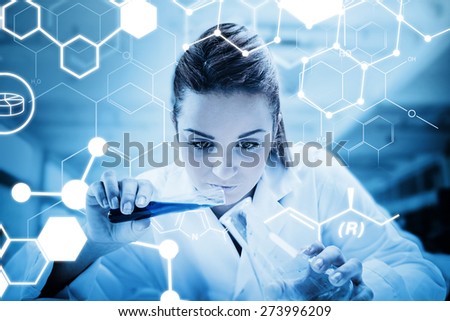 Science graphic against scientist pouring liquid into erlenmeyer with futuristic screen showing formula