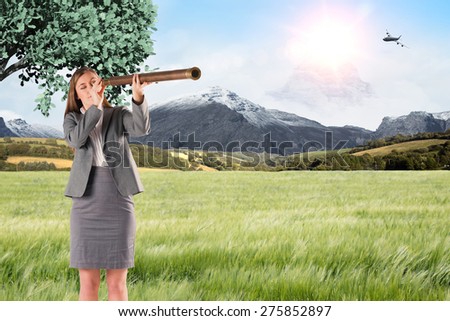 Businesswoman looking through a telescope against scenic backdrop