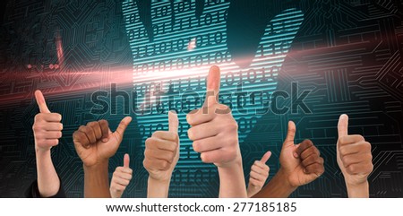 Hands showing thumbs up against digital security hand print scan