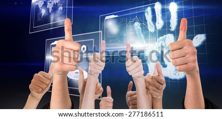 Hands showing thumbs up against digital security hand print scan