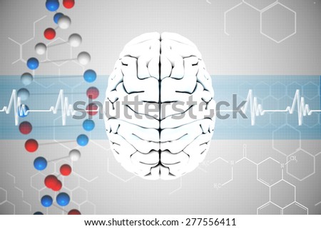 brain against dna helix in blue and red with ecg line