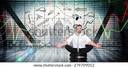 Businessman meditating in lotus pose against stocks and shares on black background