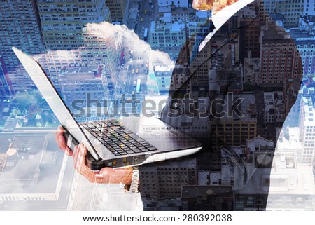 Businessman with watch using tablet pc against new york