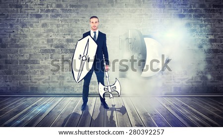 Corporate warrior against open safe in dust cloud on brick lined wall