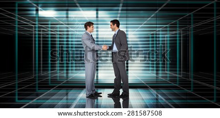 Businessmen shaking hands against abstract technology background