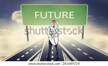 Corporate warrior against signpost showing the direction of the future