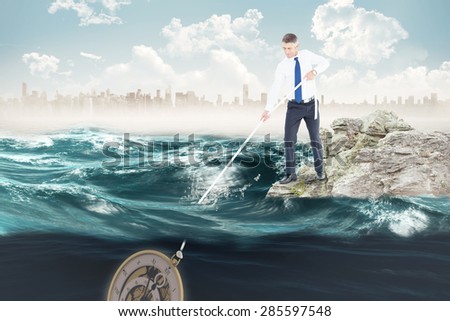 Businessman pulling rope against cityscape on horizon over ocean