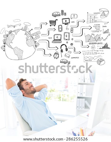 Casual man resting with hands behind head in office against brainstorm graphic