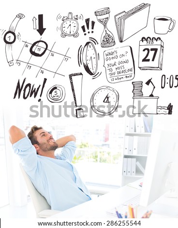 Casual man resting with hands behind head in office against brainstorm graphic