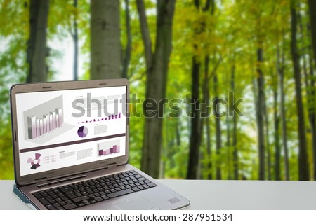 Business interface against tree trunks in the forest