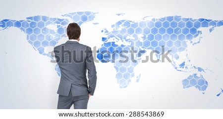 Thinking businessman against background with world map