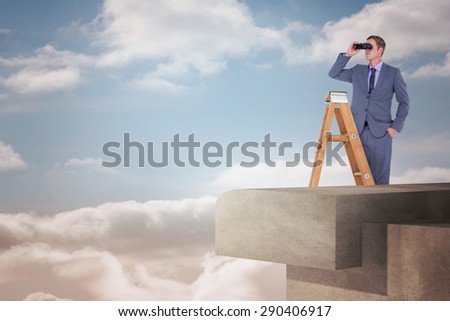 Businessman looking on a ladder against view from balcony into bright sky