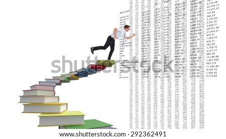 Geeky businessman running late against steps made out of books