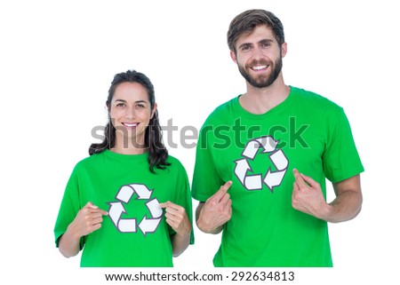 Two friends wearing recycling tshirts pointing themselves