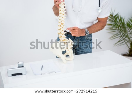Doctor showing anatomical spine in clinic