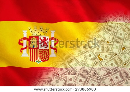Pile of dollars against digitally generated spanish national flag