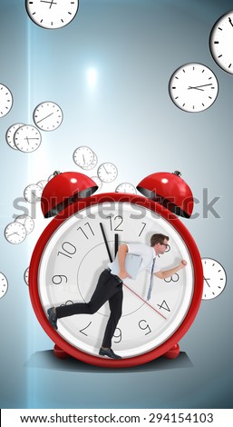 Geeky businessman running late against digitally generated floating clock pattern