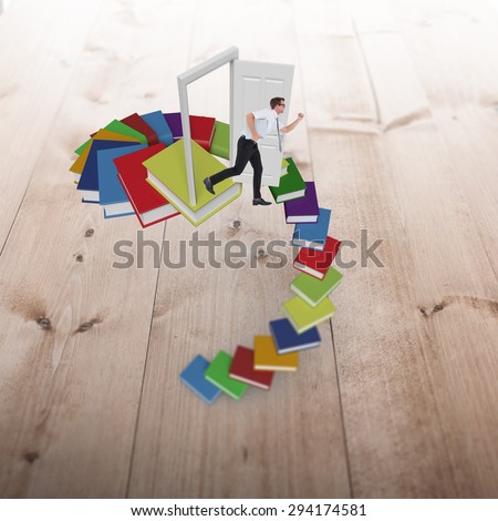 Geeky businessman running late against bleached wooden planks background