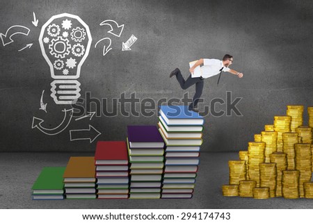Geeky young businessman running late against steps made of books in front of light bulb drawing