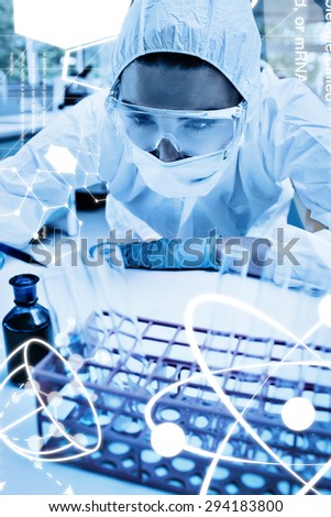 Science graphic against portrait of a protected female scientist dropping blue liquid in a test tube