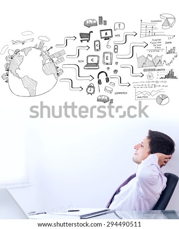 Brainstorm graphic against telaxed businessman with hands behind head in office