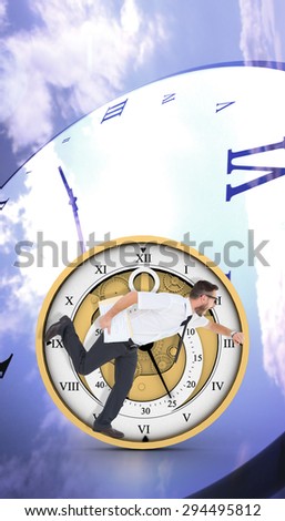 Geeky young businessman running late against digitally generated roman numeral clock