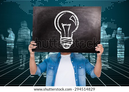 Casual man showing board against white silhouettes on black background