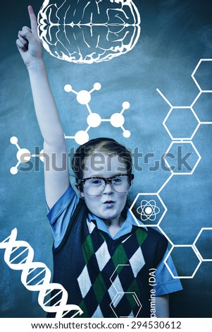 Science graphic against portrait of cute little girl gesturing pointing upwards