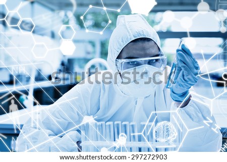 Science graphic against protected female scientist holding a test tube