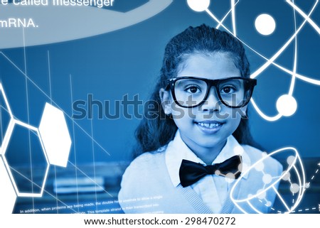 Science graphic against cute pupil dressed up as teacher in classroom