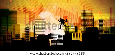 Businessman stepping against cityscape stencil design