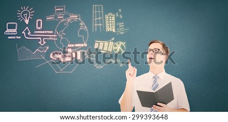 Geeky businessman reading from book against blue background