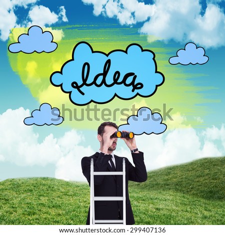 Businessman looking on a ladder against blue sky over green field