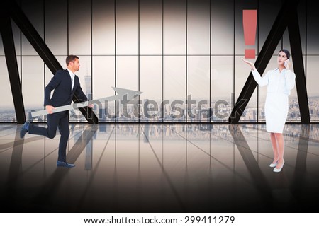 Business people with icons against room with large window looking on city