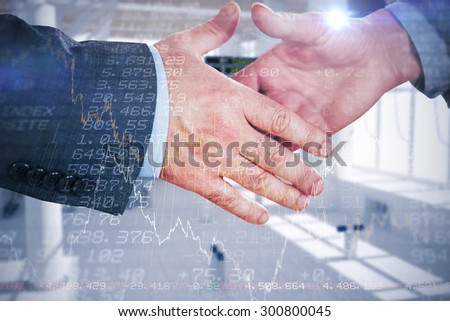 Two people going to shake their hands against stocks and shares