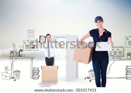 Happy delivery woman holding cardboard box and clipboard against doodle office in clouds with door