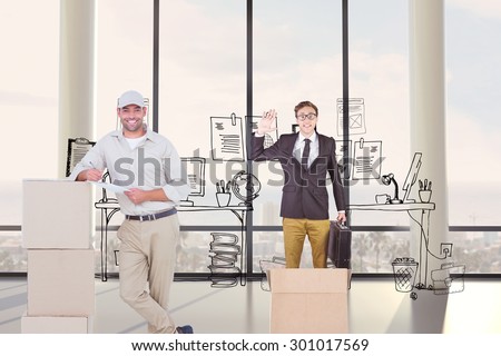 Delivery man with clipboard leaning on cardboard boxes against doodle office with beside window