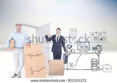 Handsome delivery man leaning on stacked cardboard boxes against doodle office in clouds with door