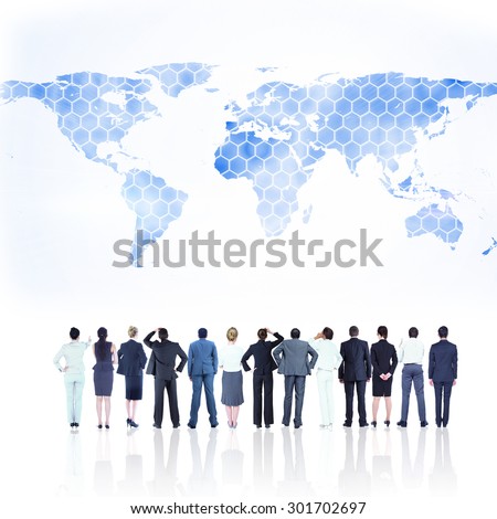 Business team against background with world map