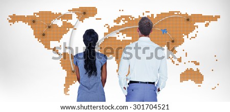 Wear view of business people against world map with lines